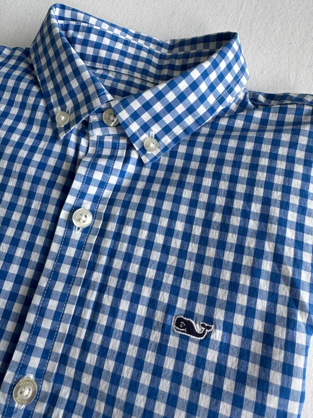 Vineyard Vines Performance Boys Blue Gingham Whale Shirt Button Down Size M12-14